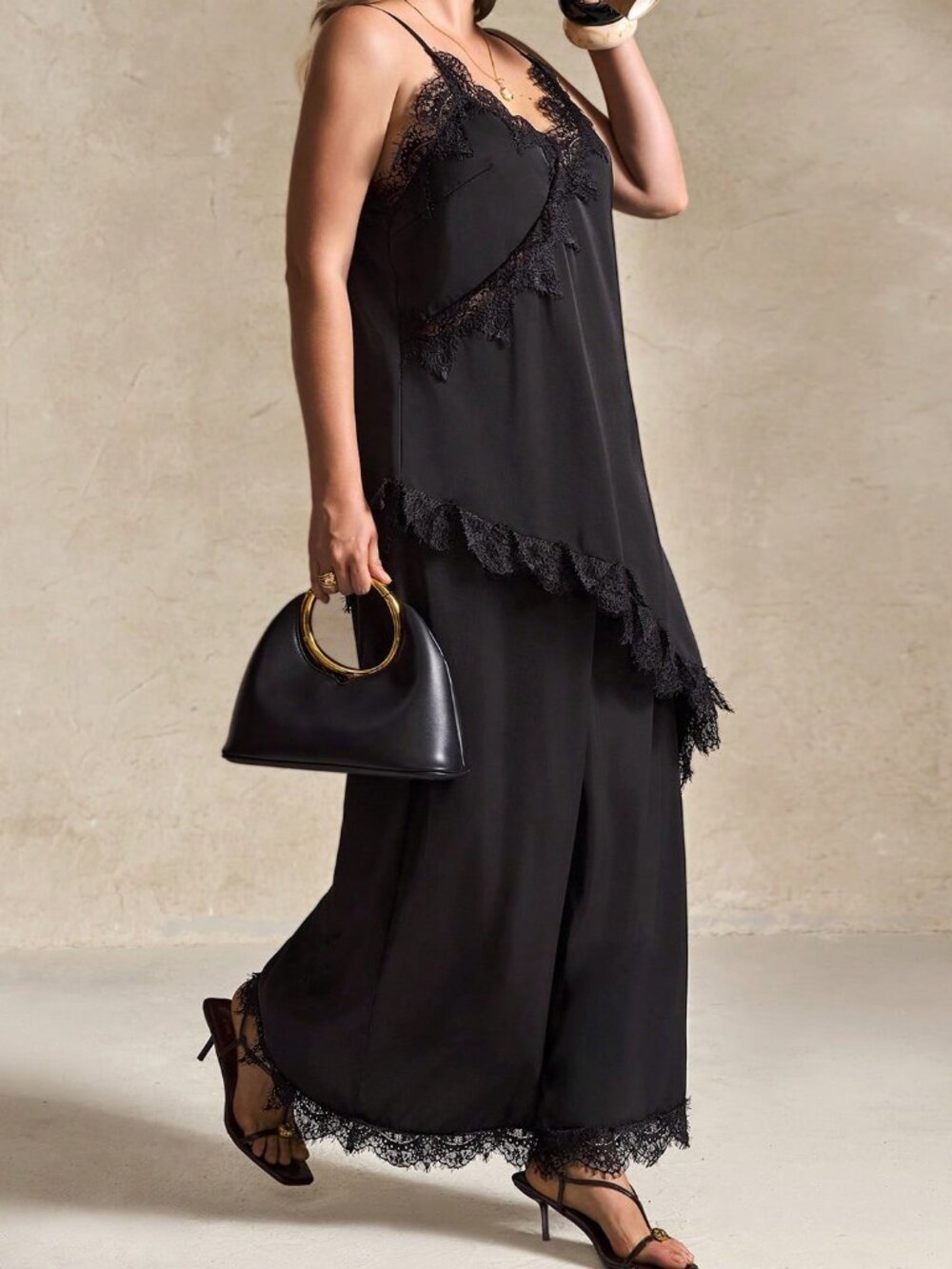 Black Slim Fit Women's Lace Asymmetric Slip Skirt Set